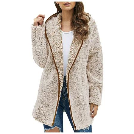 Womens Sherpa Jacket Winter Fleece Long Sleeve Hooded Coat Soft Plush Fall Clothes | Walmart (US)