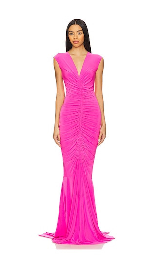 Norma Kamali x REVOLVE Sleeveless Deep V Neck Shirred Front Fishtail Gown in Pink. - size M | Revolve Clothing (Global)