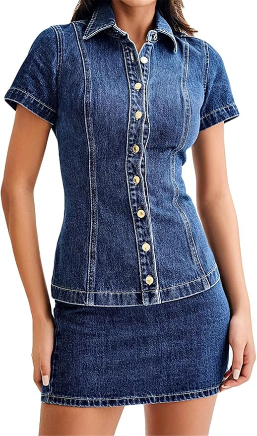 Womens Sexy 2 Pieces Denim Lapel T-Shirts Tops Bodycon Skirts Party Clubwear Dress Outfits Set | Amazon (US)