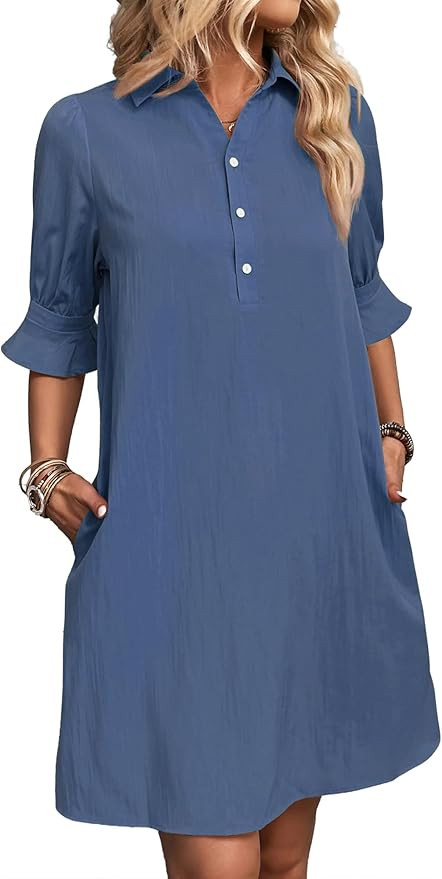 FENSACE Womens Casual Shirt Dress Ruffle Sleeve Button Down Shift Summer Dresses with Pockets | Amazon (US)