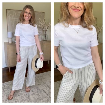 Walmart summer outfit idea with their linen wide leg pants. Comfy elastic waist. I’m in a small. I have these in black too! Tee is juniors size xxl (it’s a crop top so I sized up). #walmartfashion 

#LTKStyleTip #LTKOver40 #LTKFindsUnder50