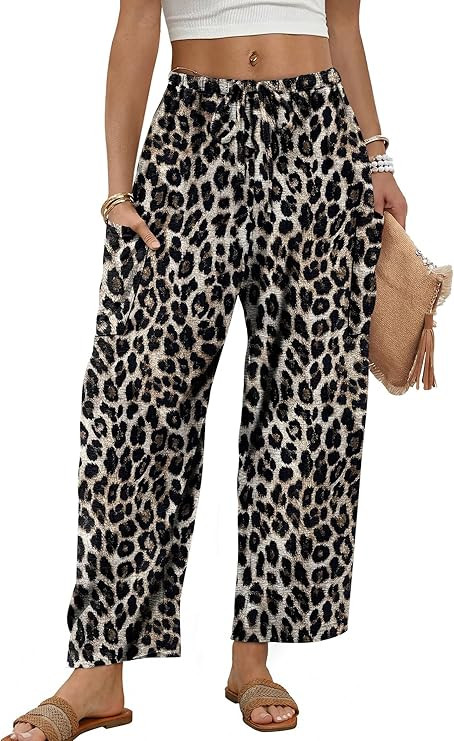 Sampeel Wide Leg Pants for Women Barrel Flowy Palazzo Elastic Waist Trousers with Pockets Summer ... | Amazon (US)