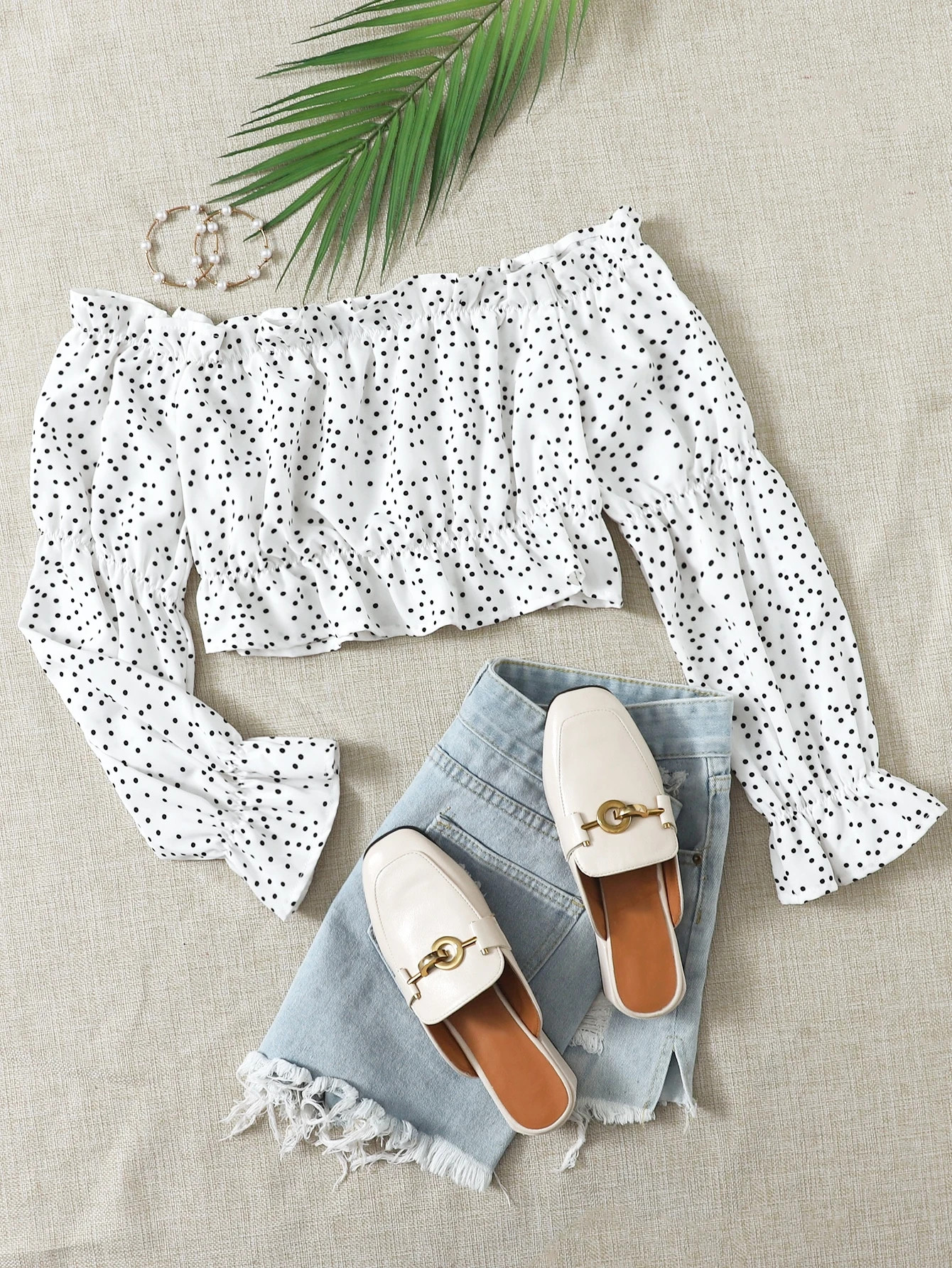 Polka Dot Ruffle Hem Crop Bardot Blouse | SHEIN