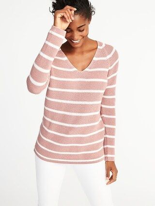 Old Navy Womens Shaker-Stitch V-Neck Sweater For Women Pink Stripe Size L | Old Navy US