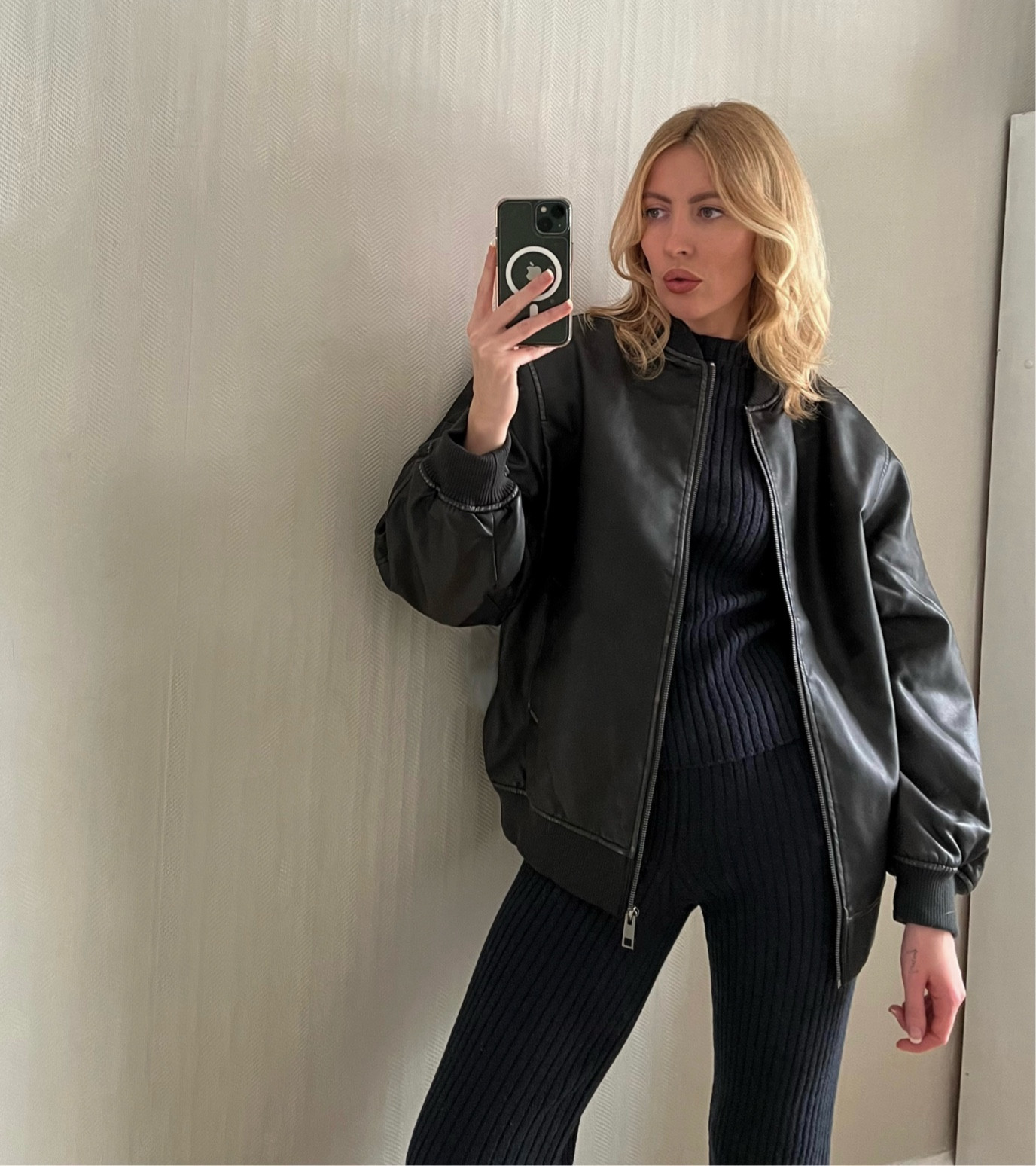 Wearing a size xs in this black bomber jacket. I sized down in this so it wasn’t too oversized. Wearing a small in the knitted grey set. Currently 15% off 

#LTKautumn #LTKuk