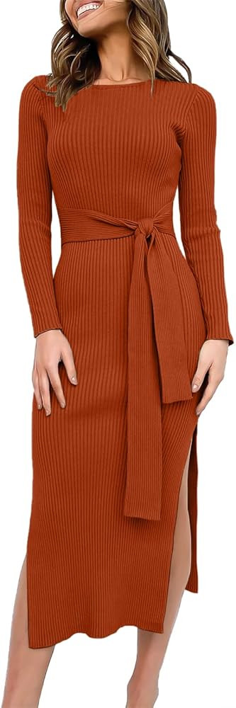 ANRABESS Women's 2022 Elegant Sweater Dress Long Sleeve Crewneck Tie Waist Slim Fit Knit Slit Mid... | Amazon (US)