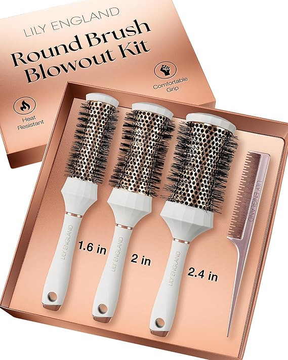 Lily England Round Hair Brush Set, 4 Piece Professional Blow Dry Kit with 3 Round Brushes and Com... | Amazon (US)