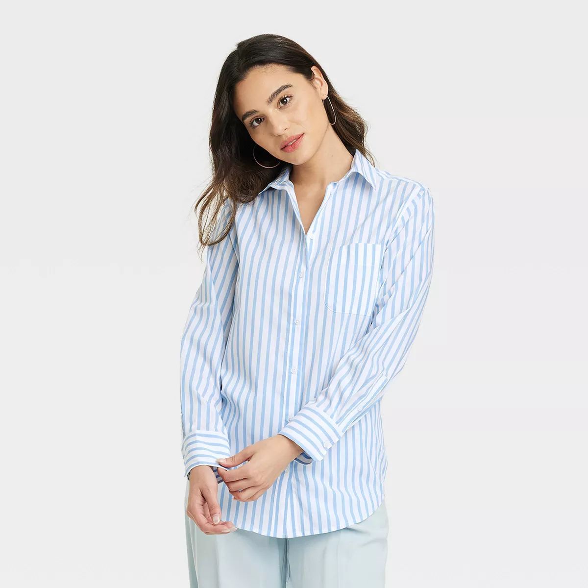 Women's Slim Fit Boyfriend Tailored Long Sleeve Button-Down Shirt - A New Day™ Blue/White Strip... | Target