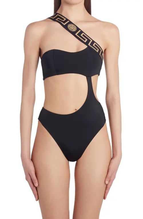 Versace La Greca Logo One-Piece Swimsuit in Black at Nordstrom, Size 1 | Nordstrom