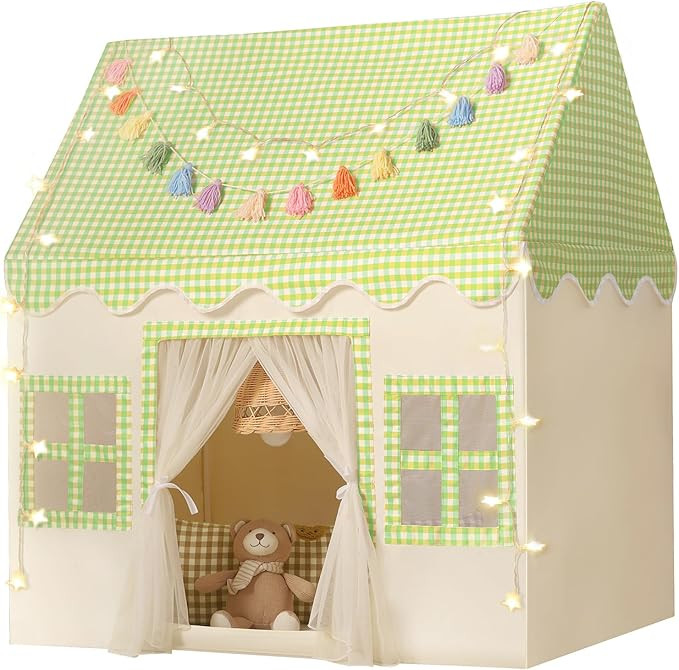 Kids Play Tent Indoor: Mat, Tassel Garland, Star Lights - Green Checkered Boys Tent Playhouse for... | Amazon (US)