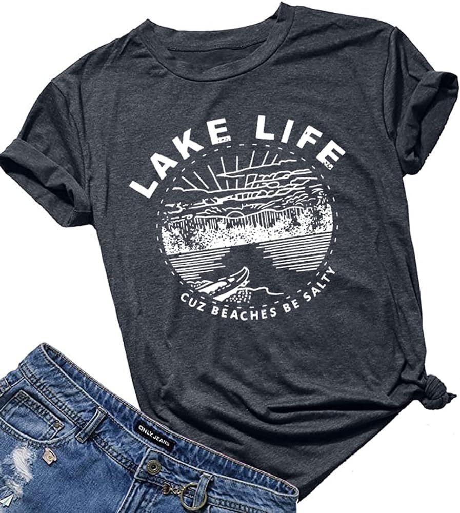 Lake Life T Shirt Women Cute Funny Graphic Tees Casual Short Sleeve Tops Summer Shirt | Amazon (US)