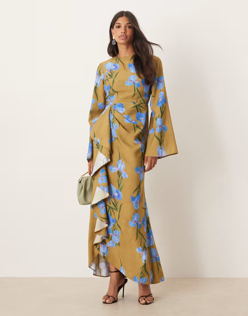 ASOS DESIGN long sleeve maxi dress with ruffle skirt in oversized green floral print-Multi | ASOS (Global)