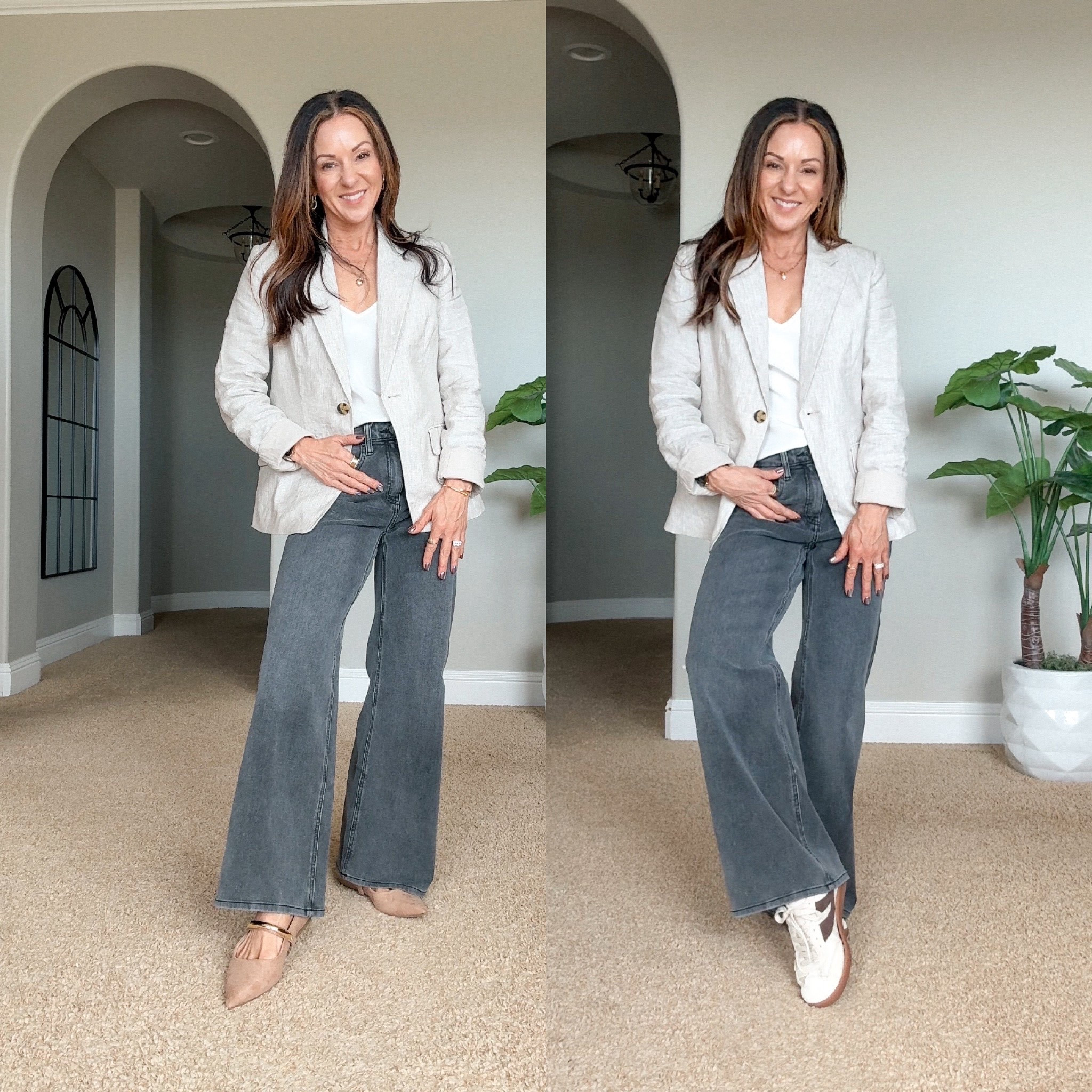 My favorite wide leg jeans in this gorgeous and on trend grade out color. Size 25 in the 28 inch length they come in four length options. Paired with this gorgeous linen blazer in the color flex size XS. 
Washable stretch silk V-neck Cami in ivory size XS
I also linked a cotton cashmere ribbed tank that I love size extra small Heather oatmeal that you can see in another try on.
I linked some cute sneakers that I have my eye on from Quince, too!
@onequince 
#quincepartner

#LTKPetite #LTKOver40 #LTKWorkwear