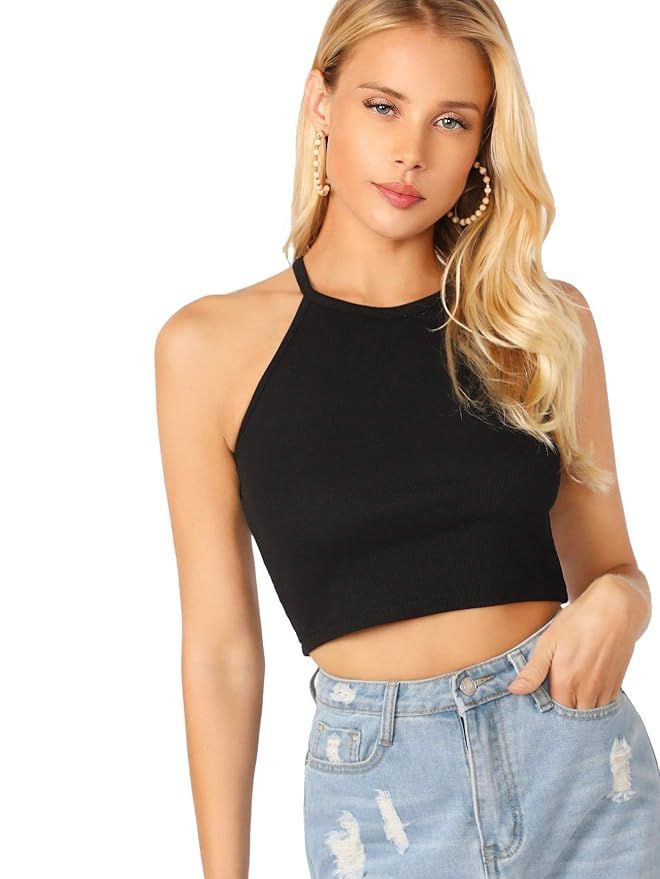 SheIn Women's Sexy Sleeveless Basic Halter Striped Rib Knit Cami Crop Tops | Amazon (US)