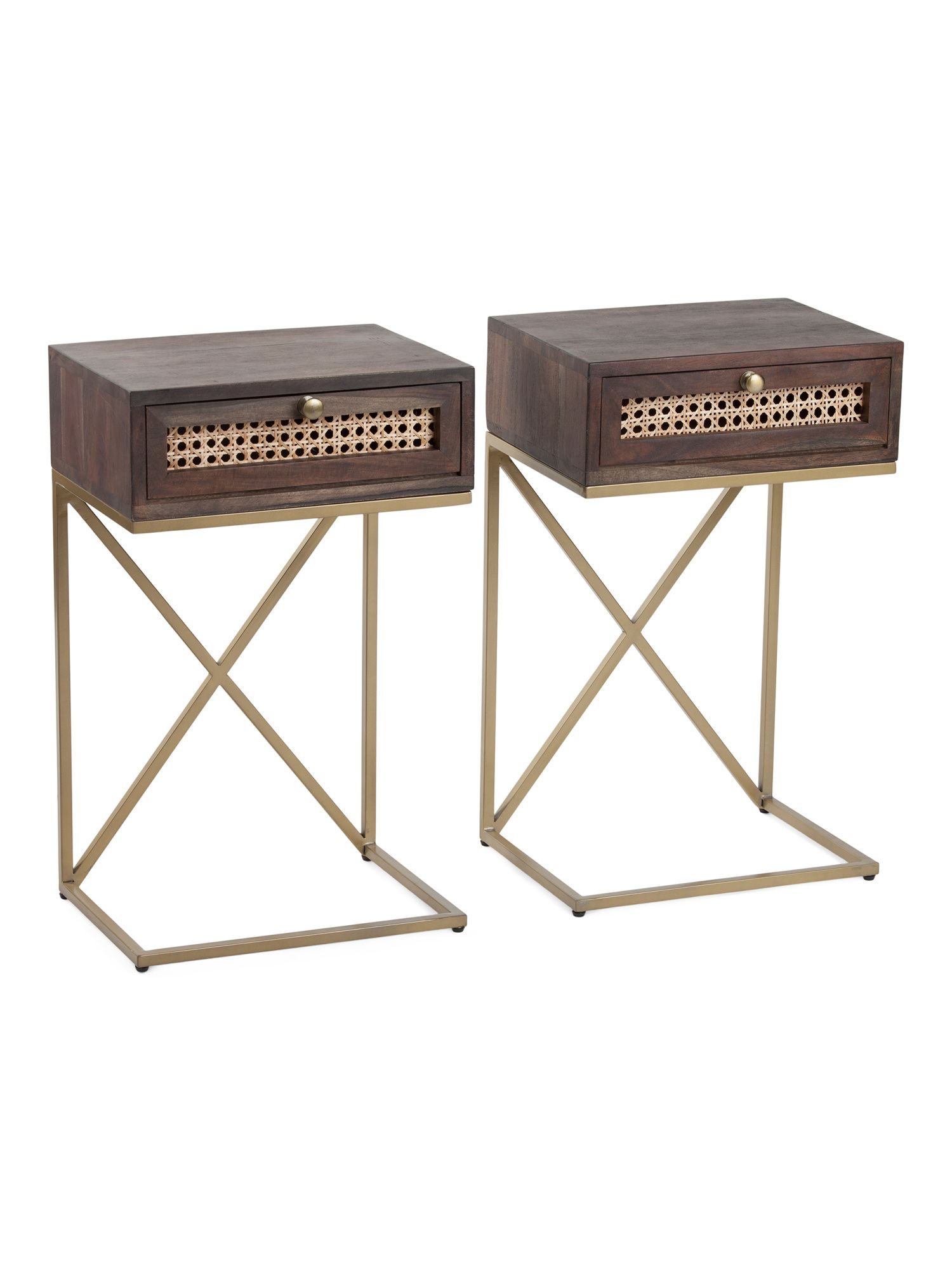Set Of 2 Acacia Wood And Cane Side Tables | TJ Maxx