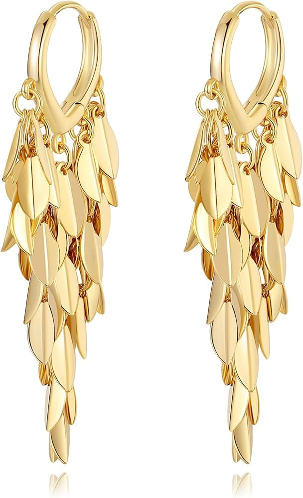 18K Gold Plated Leaf Hoop Earrings for Women, Long Tassel Dangle Drop Earrings, Chunky Gold Chand... | Amazon (US)