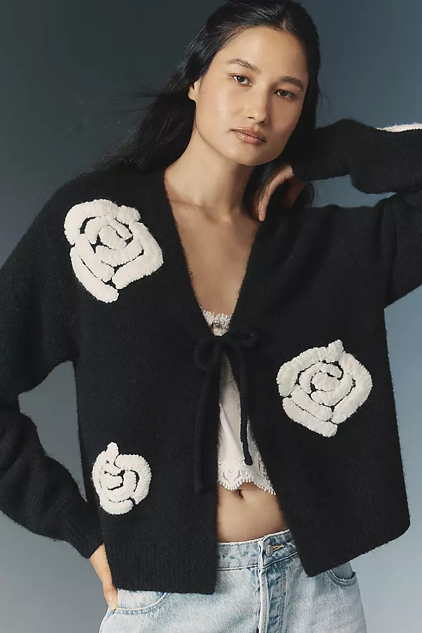 Flat White Embroidered Flower Cardigan Sweater | Anthropologie (US)