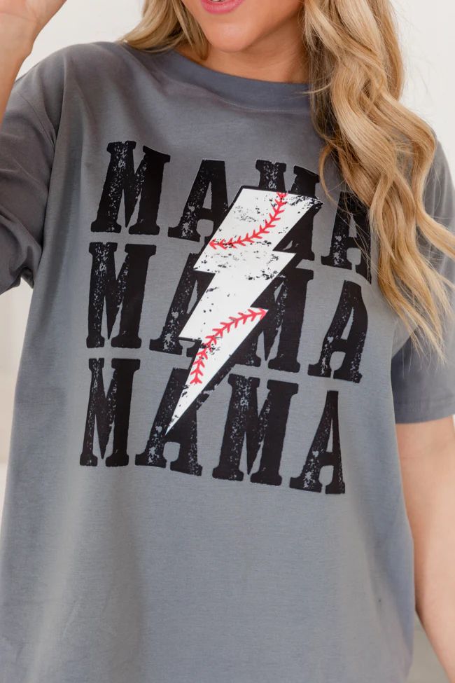 Mama Repeat Baseball Lightning Bolt Grey Oversized Graphic Tee SALE | Pink Lily