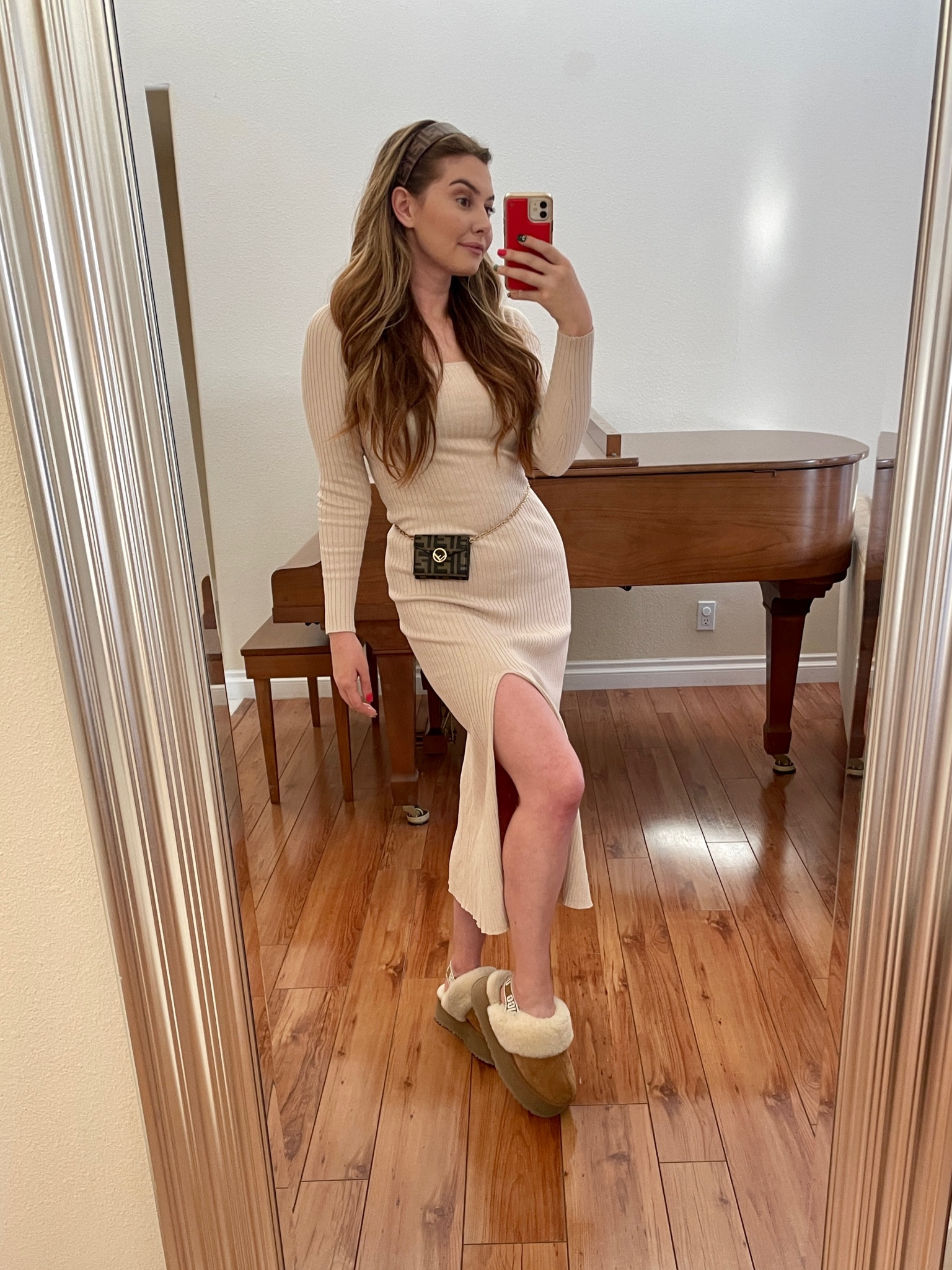 Cute sweater dress and Ugg slippers outfit! I turned my Fendi wallet into a DIY belt bag using the Amazon chain! 

#LTKfit #LTKshoecrush #LTKstyletip