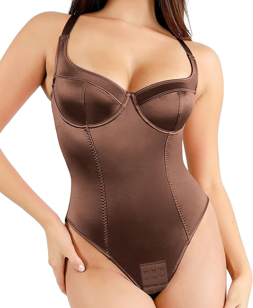 Popilush Bodysuits for Women Tummy Control - Faux Leather Deep V Neck Thong Shapewear Bodysuit Sl... | Amazon (US)