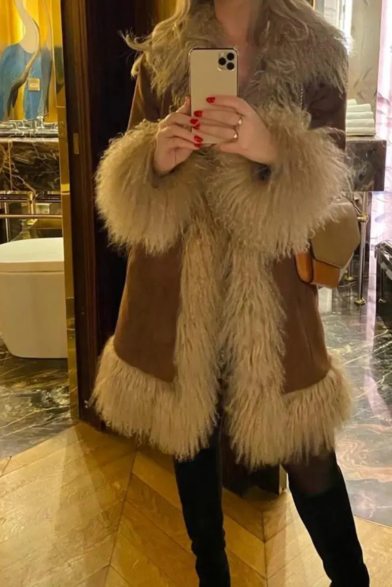 Penny Lane Coat Women Mongolian Fur Coat Shearling Coat Toscana Fur Trim Afghan Coat Brown Vintag... | Etsy (US)