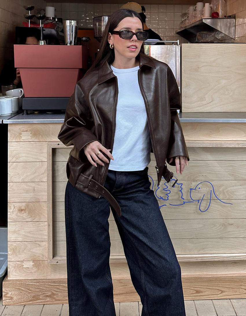 Faux leather bomber jacket with belt - Leather-look - Women | Bershka GB