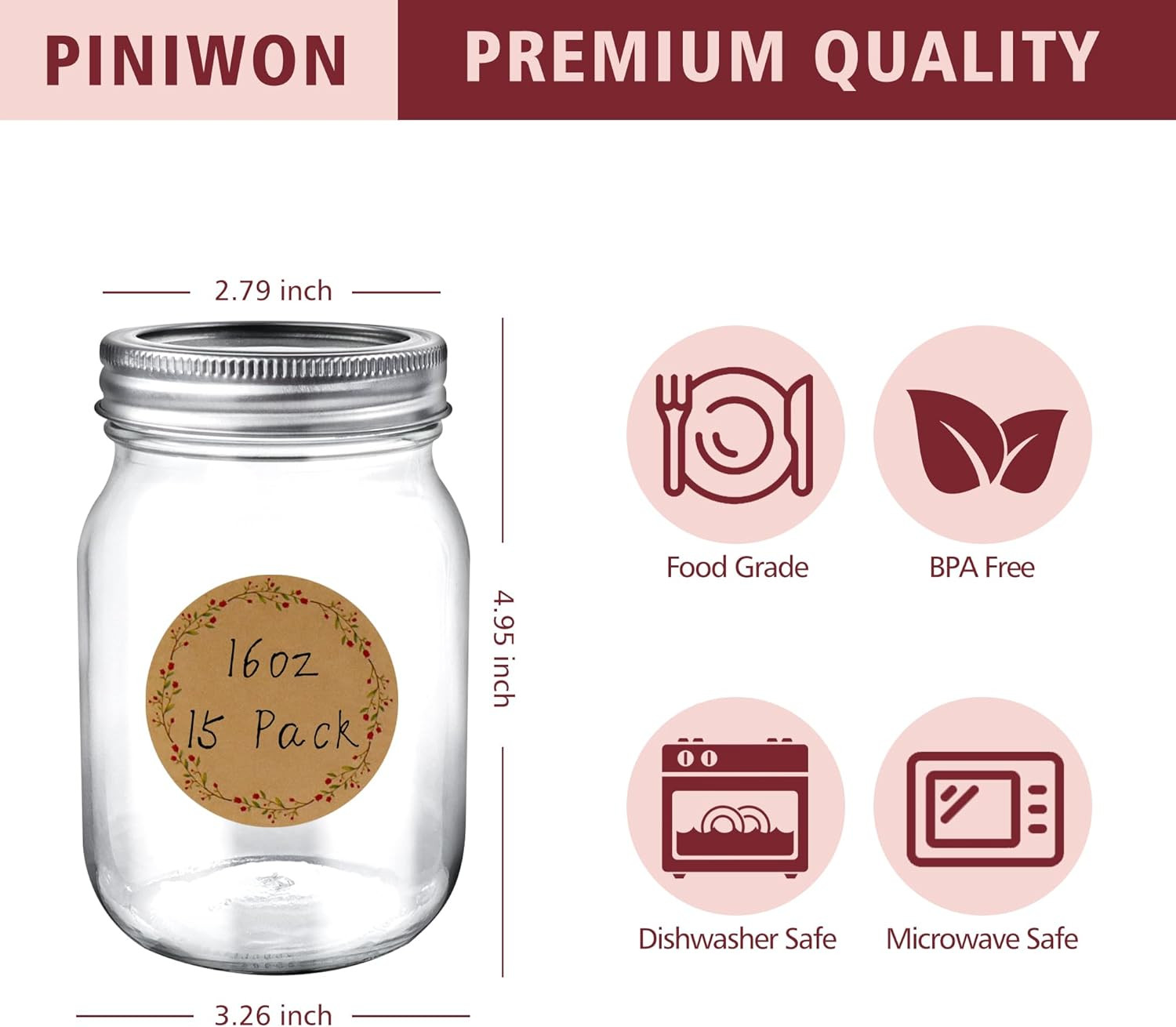 Mason Jars 16 oz with Airtight Lids and Bands, 15 Pack Regular Mouth Canning Jars, Clear Glass Pi... | Amazon (US)