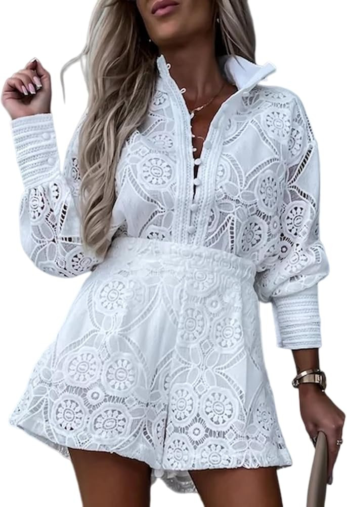 Summer 2 Piece Sets For Women Lace 2 Piece Set Outfit Crochet Shorts And Eyelet Top Floral Casual... | Amazon (US)