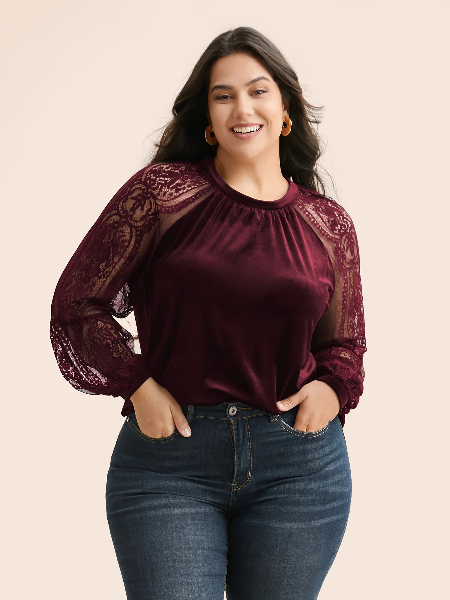 Lace Patchwork Velvet Raglan Sleeve Blouse | Bloomchic