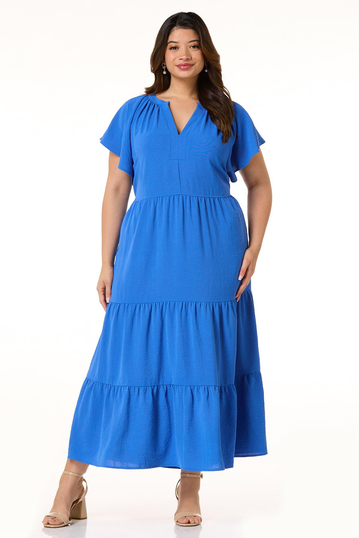Plus Size Blue Flowy Tiered Midi Dress | Cato Fashions