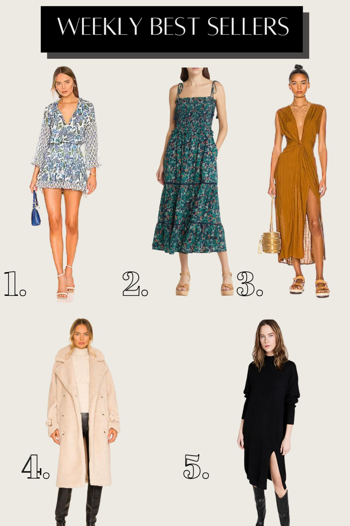 Weekly best sellers🤍 Misa printed dress, printed midi dress, beach coverup, Sherpa jacket, and black sweater dress. 

#LTKstyletip #LTKFind #LTKSeasonal