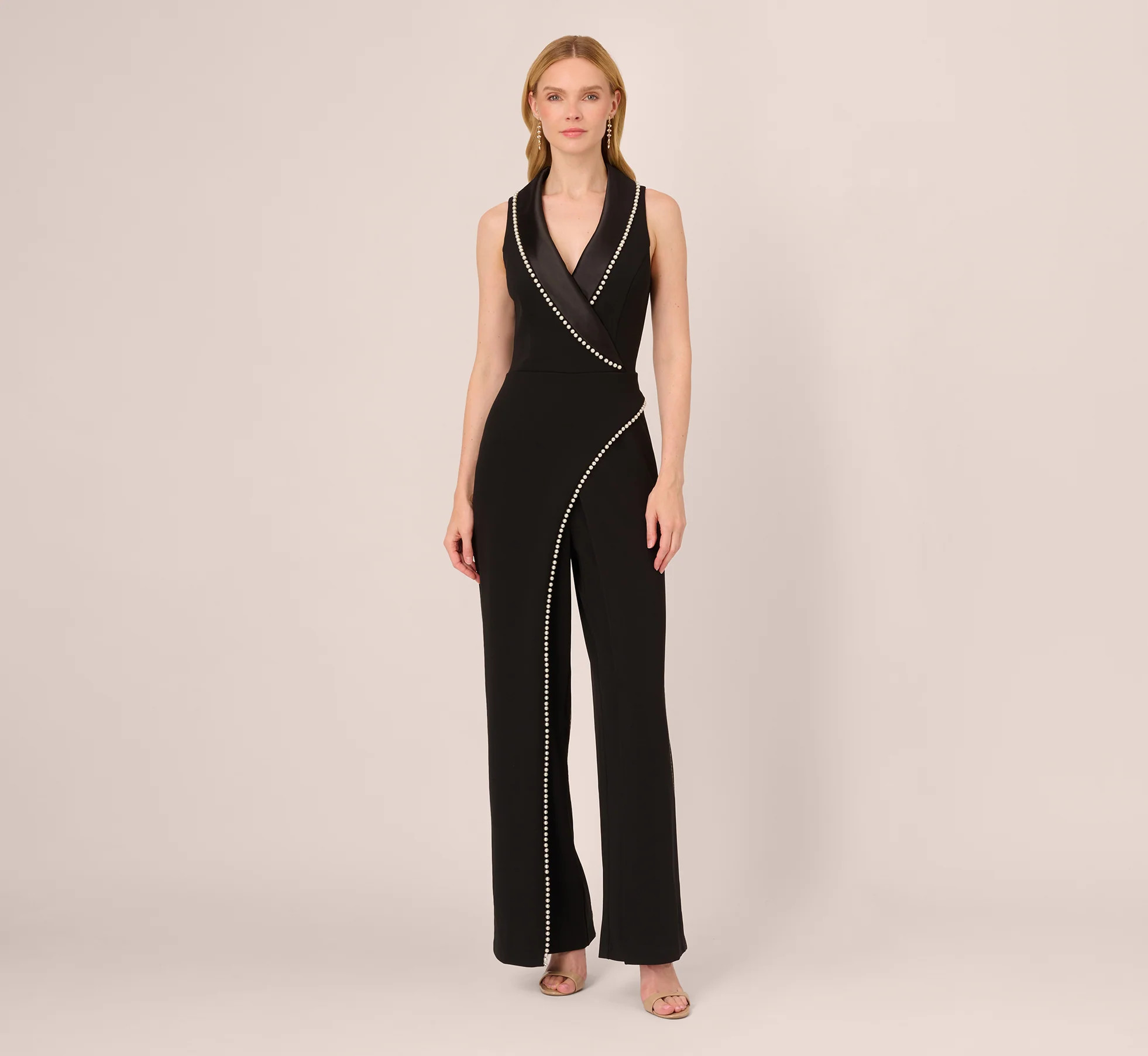 Sleeveless Crepe Tuxedo Jumpsuit With Pearl Trim In Black | Adrianna Papell