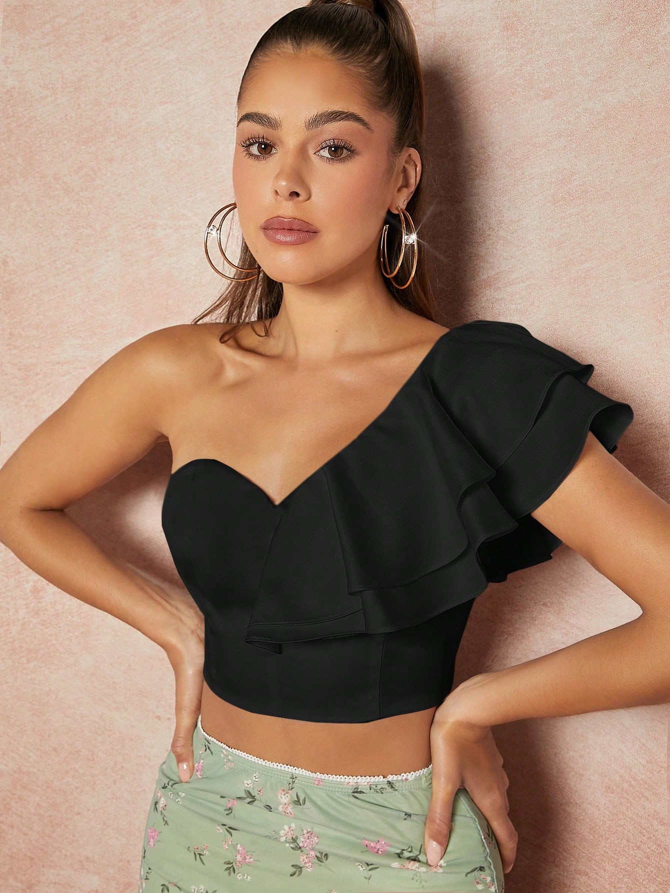 SHEIN Haute One Shoulder Ruffle Sleeve Crop Top | SHEIN