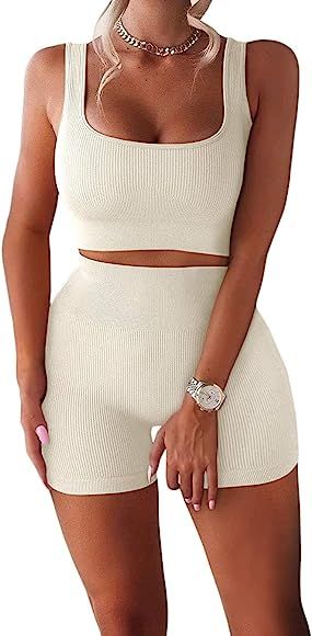 TWFRHC Women's Workout Sets Ribbed Tank 2 Piece Seamless High Waist Gym Outfit Yoga Shorts Sets | Amazon (CA)