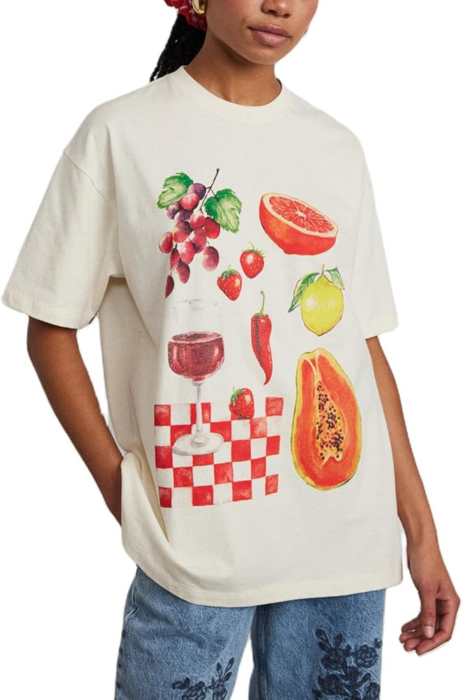 Y2k Womens Oversized Fruit Graphic Print Tees Shirts Vintage Flower Baggy Tshirt Tops Coastal Clo... | Amazon (US)