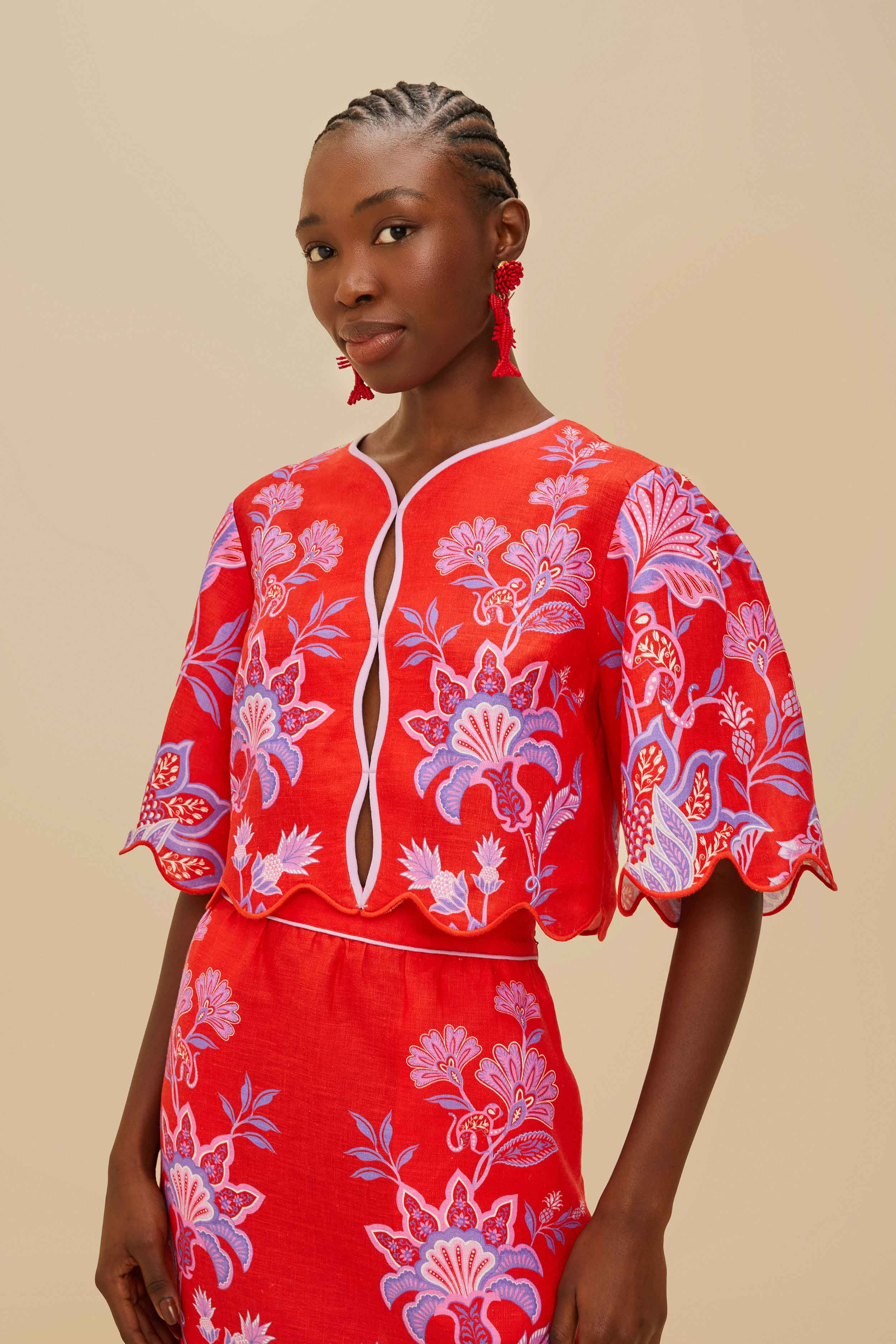 Red Porcelain Garden Euroflax Premium Linen Blouse, PORCELAIN GARDEN RED / XS | FarmRio (US)