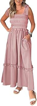 Beiranduo Women's Maxi Dress Summer Sleeveless Square Neck Spaghetti Strap Smocked A-Line Long Dr... | Amazon (US)