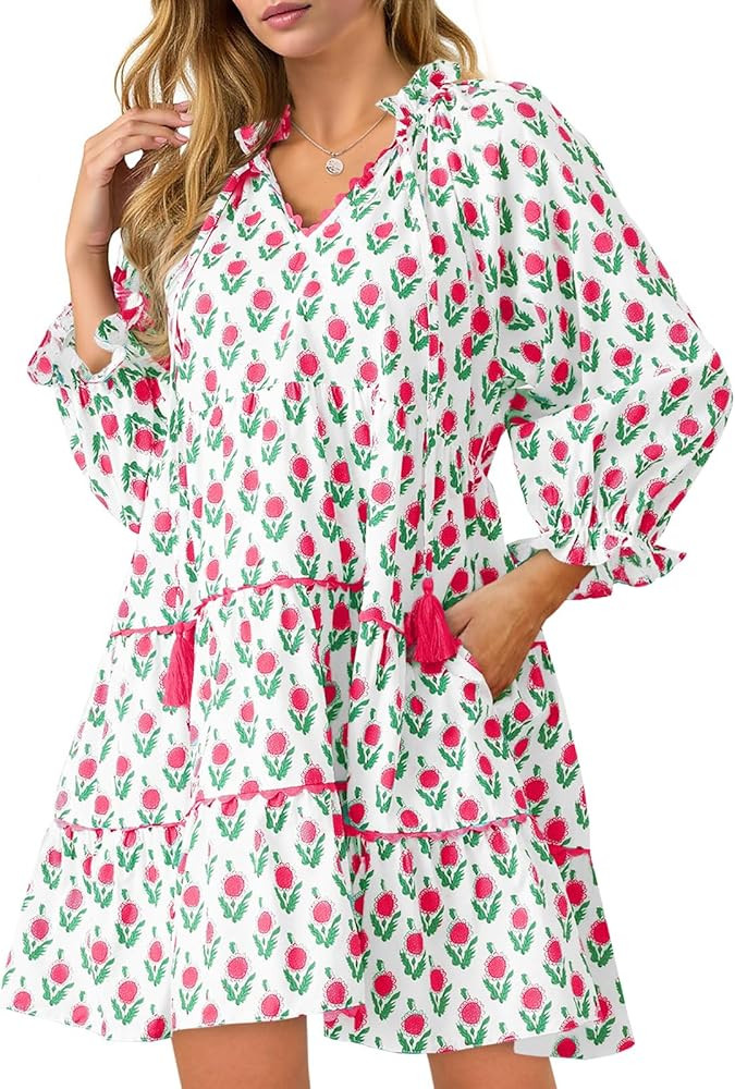 Wenrine Womens Casual Mini Dress Long Sleeve Floral Ruffle V Neck Fall Loose Boho Babydoll Dresse... | Amazon (US)