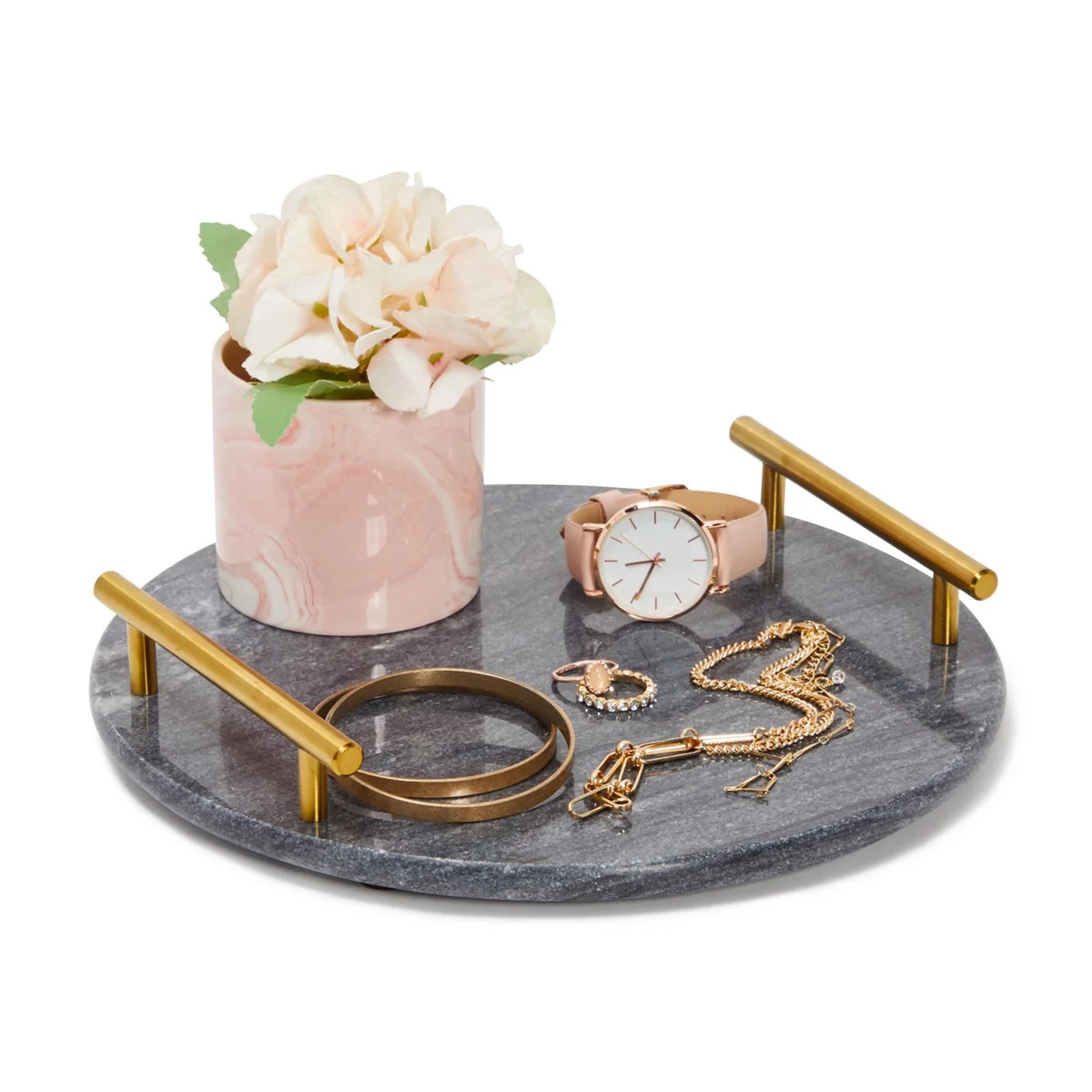 Black Marble Decorative Serving Tray with Gold Handles for Ottoman, Round, Vanity & Entryway, 10.... | Walmart (US)