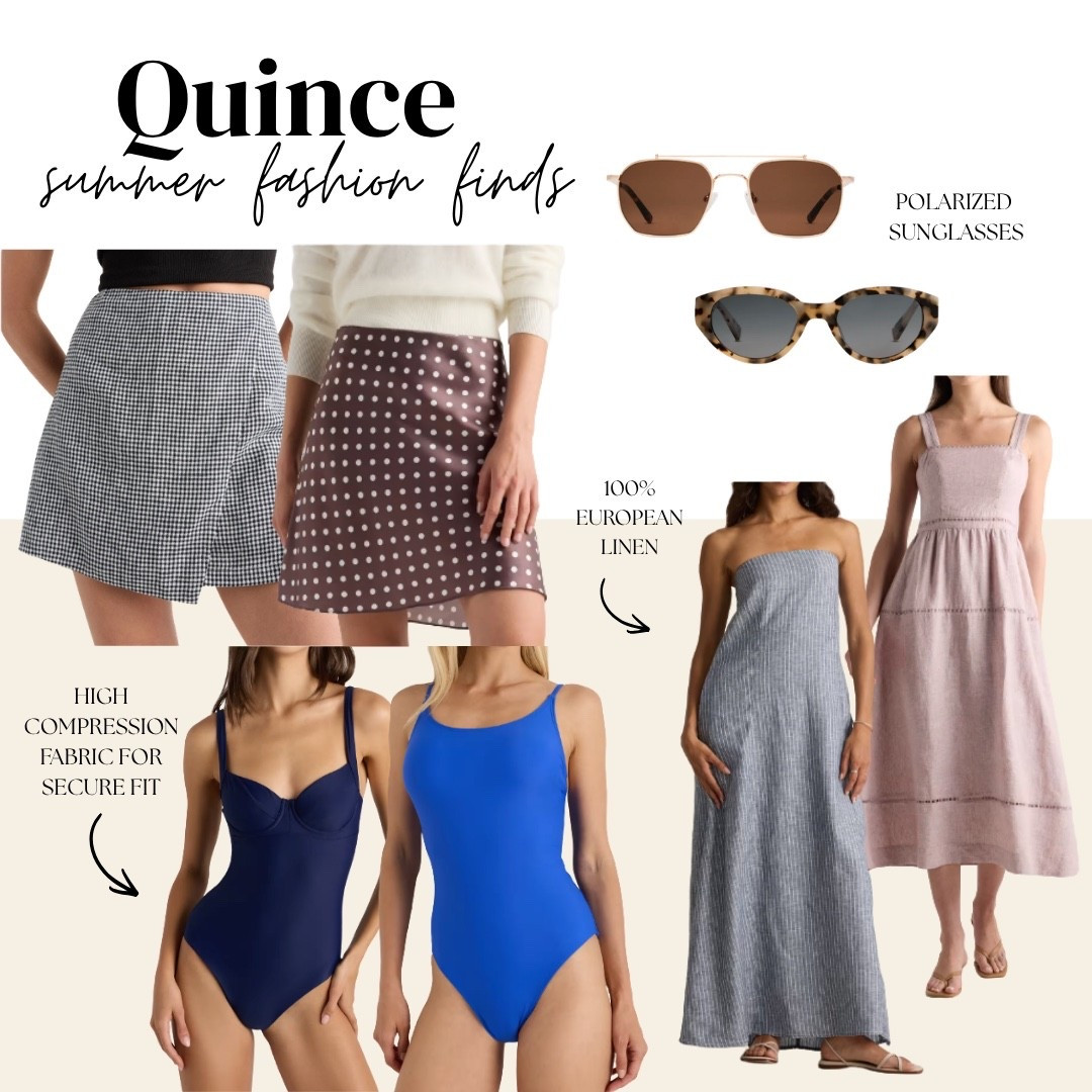 @Quince summer fashion finds that are redefining affordable luxury — and this lineup is everything 🤍✨ Gingham wrap mini skirt, brown polka dot wrap skirt, 100% European linen strapless maxi dress, blush linen midi dress, navy underwire one piece swimsuit, cobalt blue one piece swimsuit, polarized gold frame sunglasses, and tortoise oval sunglasses — quality pieces at prices that make zero sense.

#LTKootd #LTKTravel #LTKWorkwear