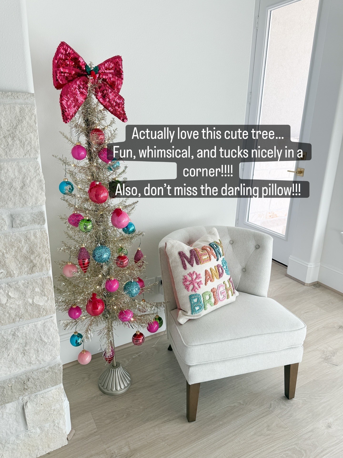 Cutest champagne colored, foil tree. Easy to assemble. Already pre-lit. Also love this cute throw pillow and slipper chair. Perfect for any festive occasion.

#LTKHome #LTKSeasonal #LTKHoliday