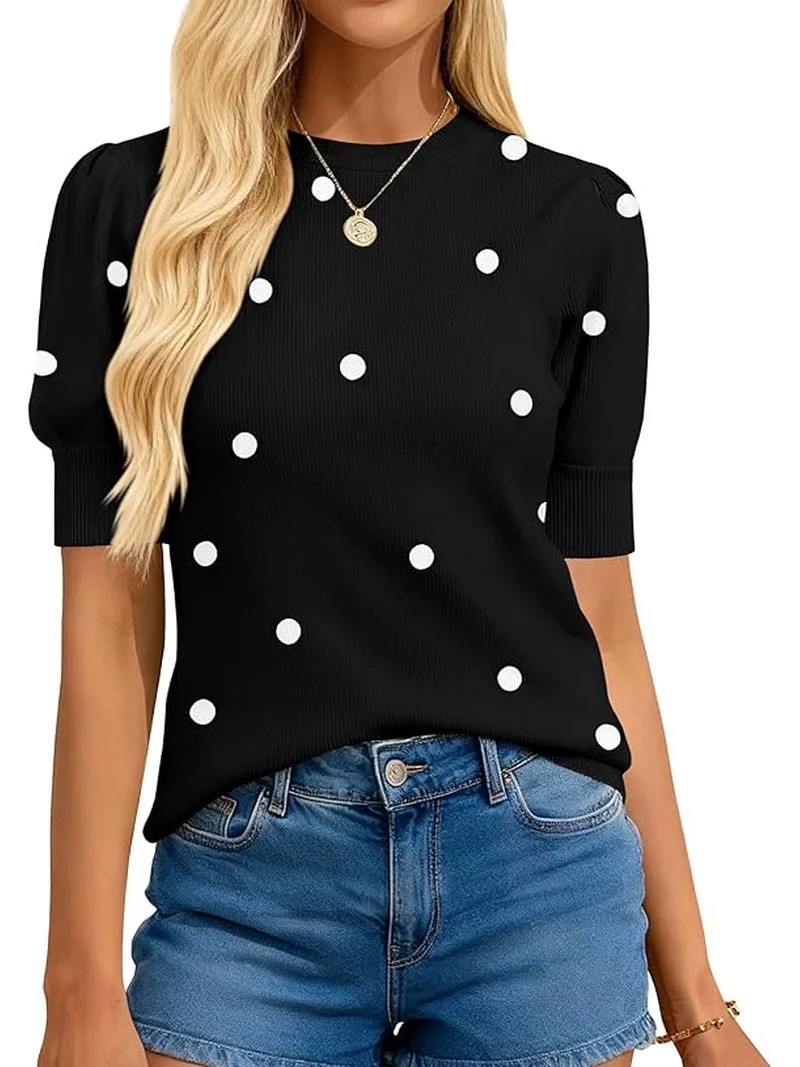 BTFBM Womens Sweaters Polka Dot Short Sleeve Sweater for Women Crew Neck Knit Summer Tops Busines... | Walmart (US)