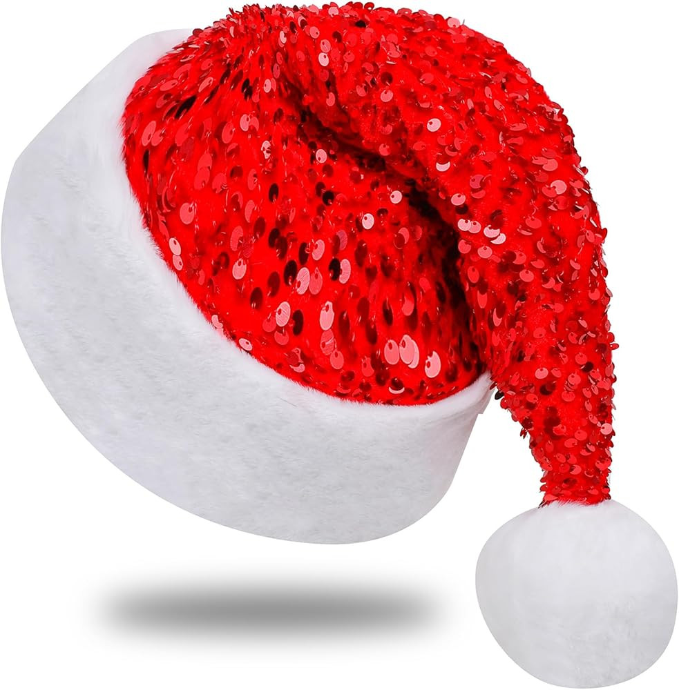 Sequin Santa Hat for Adults with Shiny Sequin and Fluffy Pompom, Party Hat for New Year Xmas Fest... | Amazon (US)