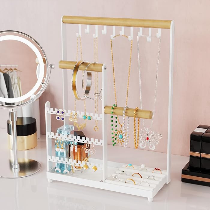 Jewelry Holder Organizer Stand, Jewelry Display Rack with 36 Holes Earring Holder, 10 Hooks Neckl... | Amazon (US)