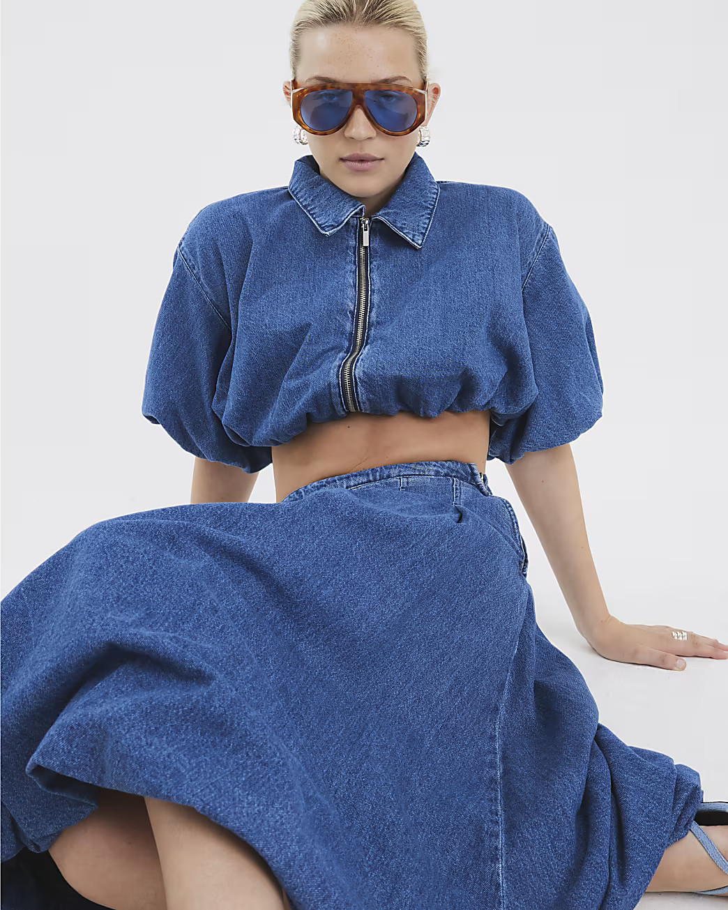 Blue Denim Short Sleeve Bubble Hem Top | River Island UK & IE