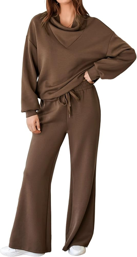 Aleumdr Women's 2 Piece Outfits Lounge Set Mock Neck Long Sleeve Sweatshirt With Wide Leg Pants S... | Amazon (US)