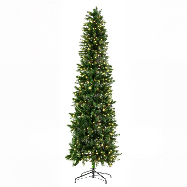 EDX 7.5ft Pre-lit Pencil Christmas Tree, Green Artificial Spruce Slim Christmas Trees, With 350 I... | Walmart (US)