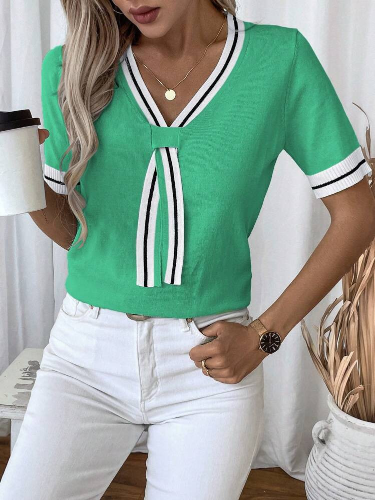 SHEIN LUNE Women Striped Bow Collar Design Short Sleeve Knitted Top | SHEIN