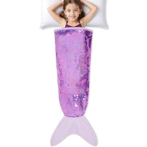 WERNNSAI Mermaid Tail Blanket - Plush Mermaid Wearable Blanket with Purple Sequins for Girls Kids 55” x 24" All Seasons Soft Flannel Snuggle Blanket Mermaid Scale Sleeping Bag | Amazon (US)