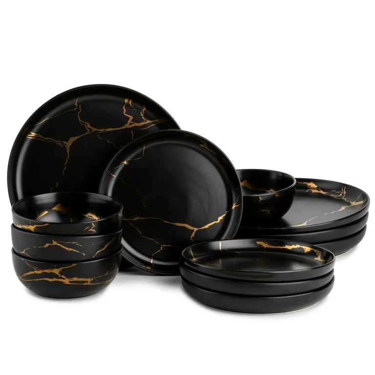 Thyme & Table 12 Piece Dinnerware Set, Black Marble | Walmart (US)